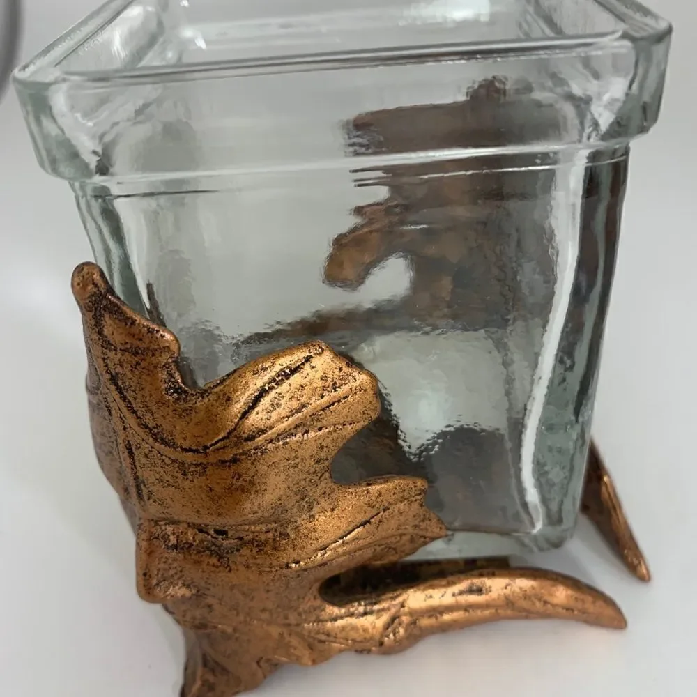 Copper Leaf Clear Heavy Canadian Glass Face Votive Candle Holder Set 2 Used